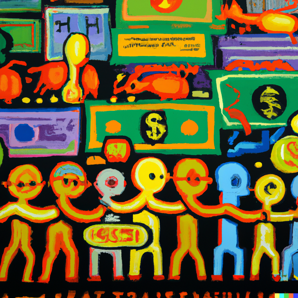 A Dalle-2 generated image using the prompt: "An oil painting depicting cash remittances among transnational families in the style of Keith Haring." See https://labs.openai.com/s/X3lXfMsHvnbKffkihNafJ2fp.
